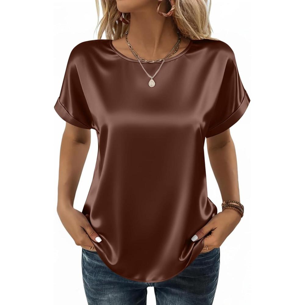 imageZeagoo Satin Blouse for Women Business Casual Outfit Short Sleeve Tops Crewneck Tshirt Silk Shirt Summer ClothesBrown