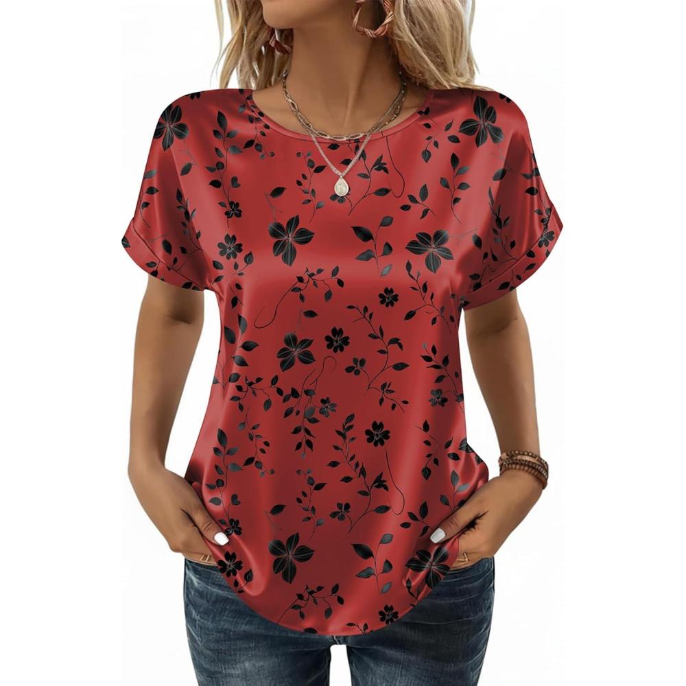 imageZeagoo Satin Blouse for Women Business Casual Outfit Short Sleeve Tops Crewneck Tshirt Silk Shirt Summer ClothesFloral Red 290