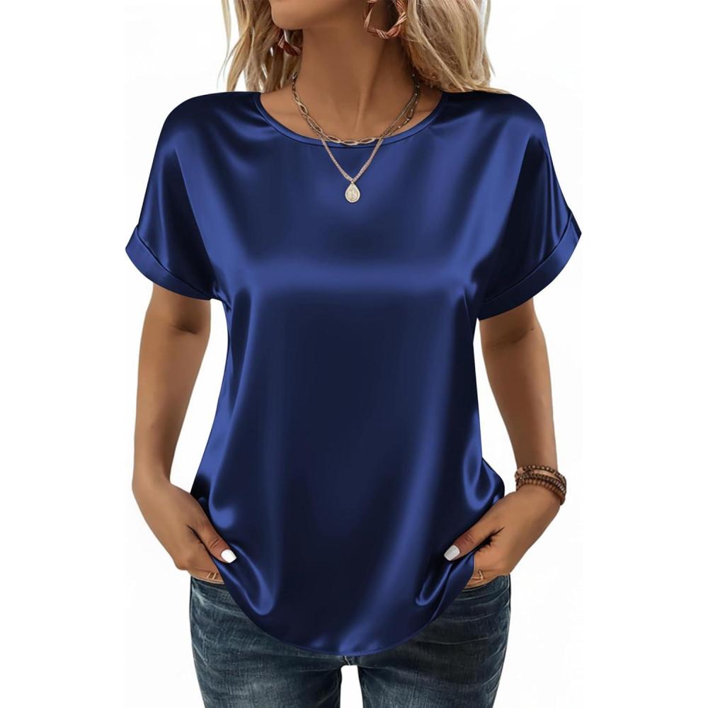 imageZeagoo Satin Blouse for Women Business Casual Outfit Short Sleeve Tops Crewneck Tshirt Silk Shirt Summer ClothesNavy Blue