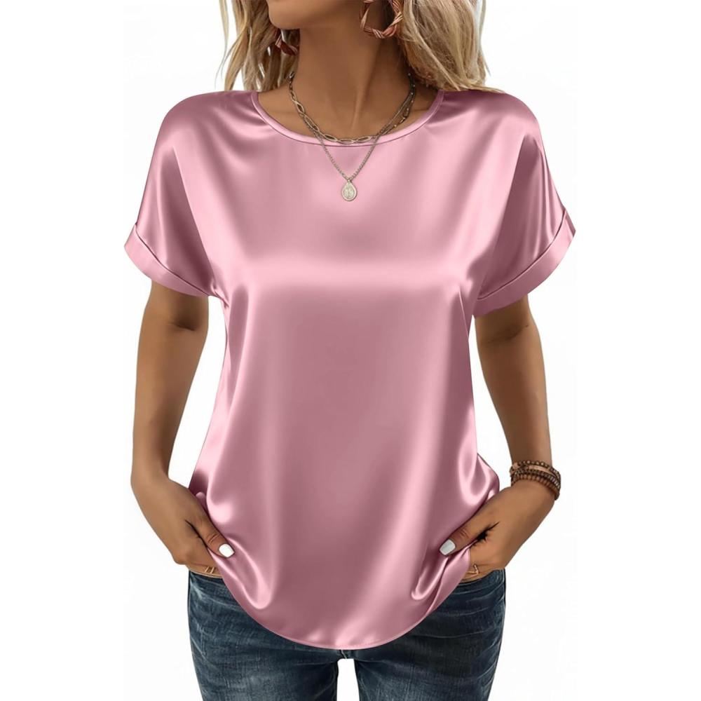 imageZeagoo Satin Blouse for Women Business Casual Outfit Short Sleeve Tops Crewneck Tshirt Silk Shirt Summer ClothesPink