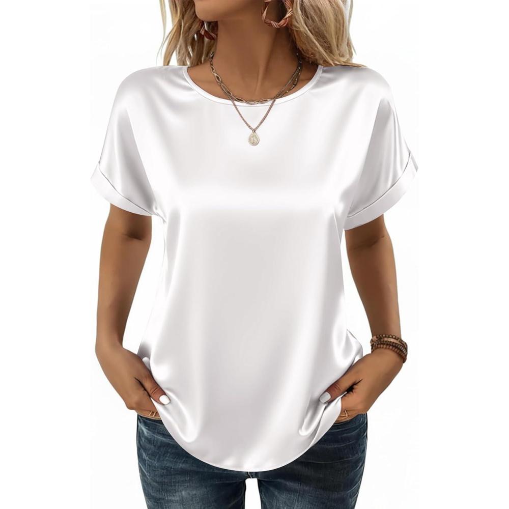 imageZeagoo Satin Blouse for Women Business Casual Outfit Short Sleeve Tops Crewneck Tshirt Silk Shirt Summer ClothesWhite