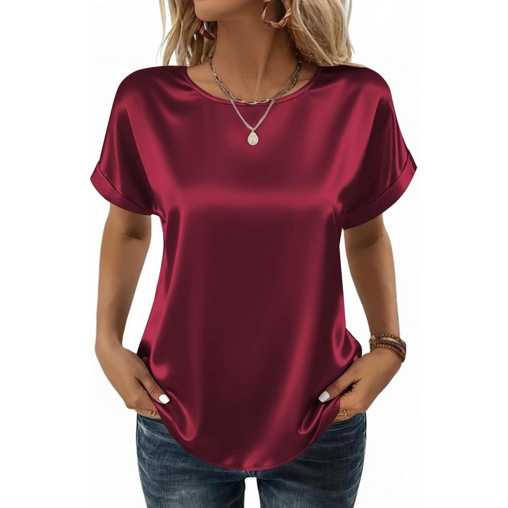 imageZeagoo Satin Blouse for Women Business Casual Outfit Short Sleeve Tops Crewneck Tshirt Silk Shirt Summer ClothesWine Red