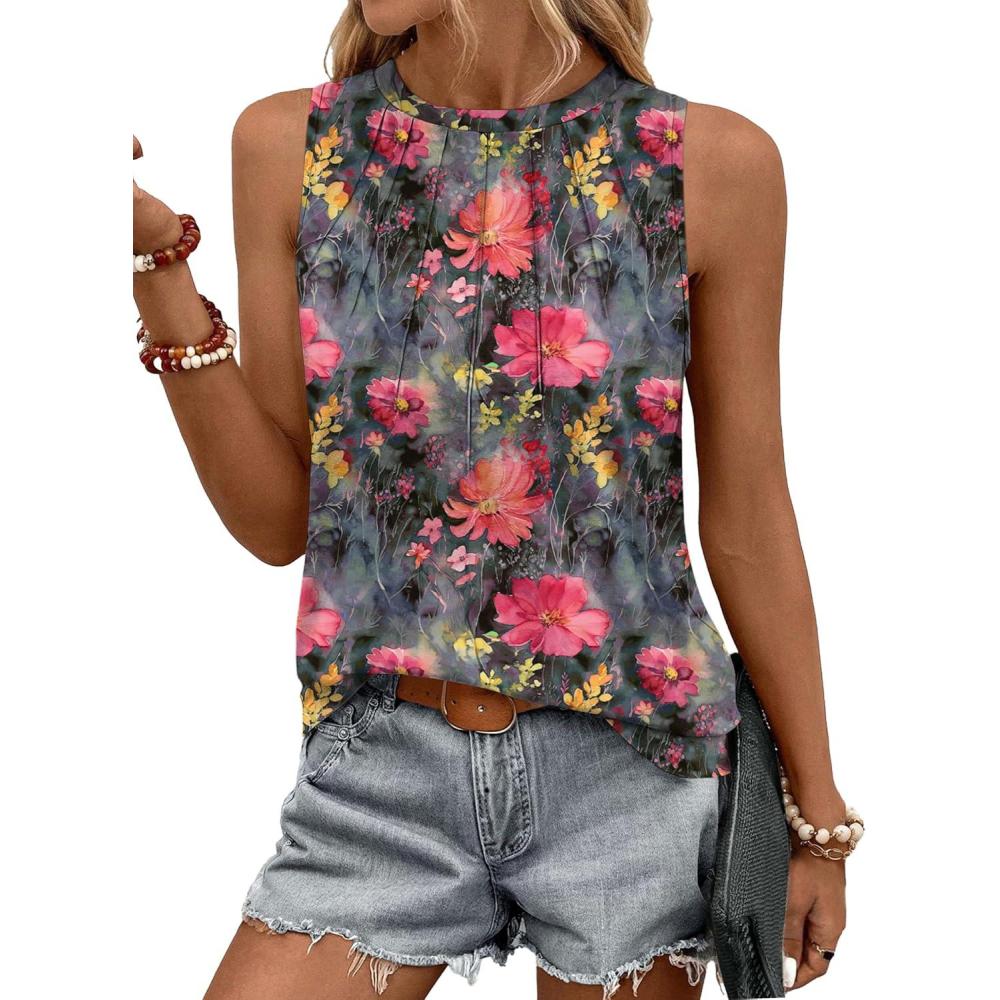 imageZeagoo Summer Tank Top for Women 2026 Pleated High Neck Tops Loose Fit Flowy Dressy Tunic Sleeveless ShirtsBred Flower