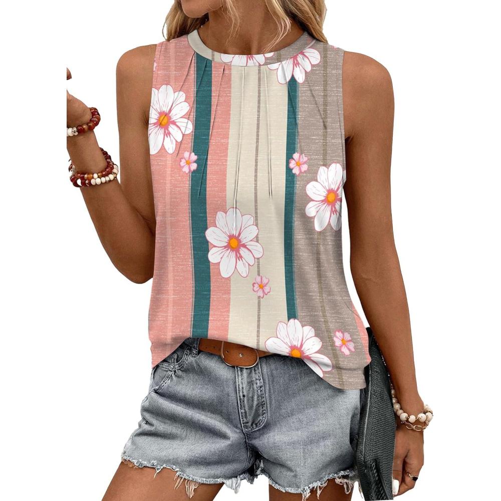 imageZeagoo Summer Tank Top for Women 2026 Pleated High Neck Tops Loose Fit Flowy Dressy Tunic Sleeveless ShirtsCpink Stripe