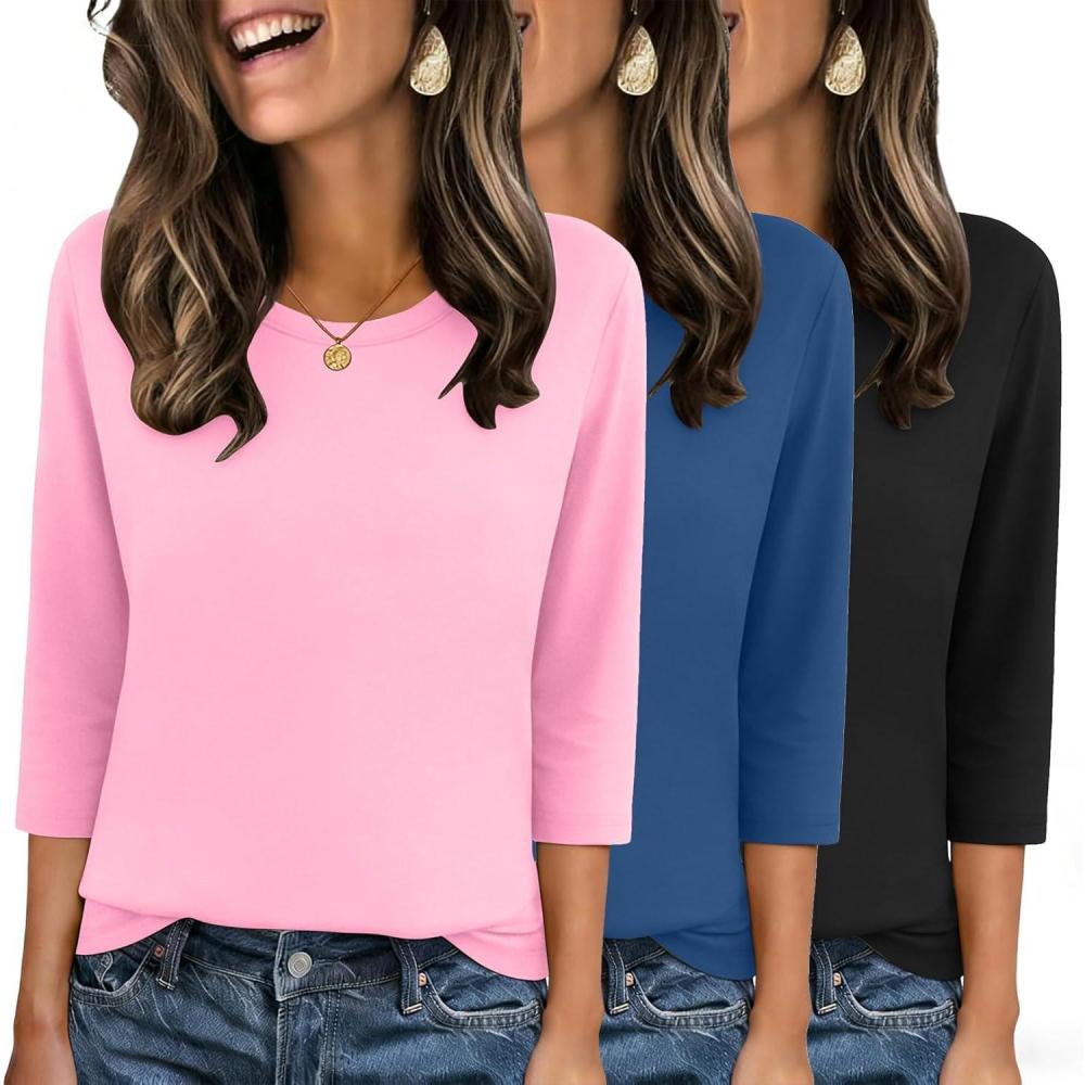 imageZeagoo Tops for Women 3 Pack 34 Sleeve Crewneck Cute Basics Tees Casual Fashion Spring Summer T Shirts Business Work Tee TopBlackpinkblue