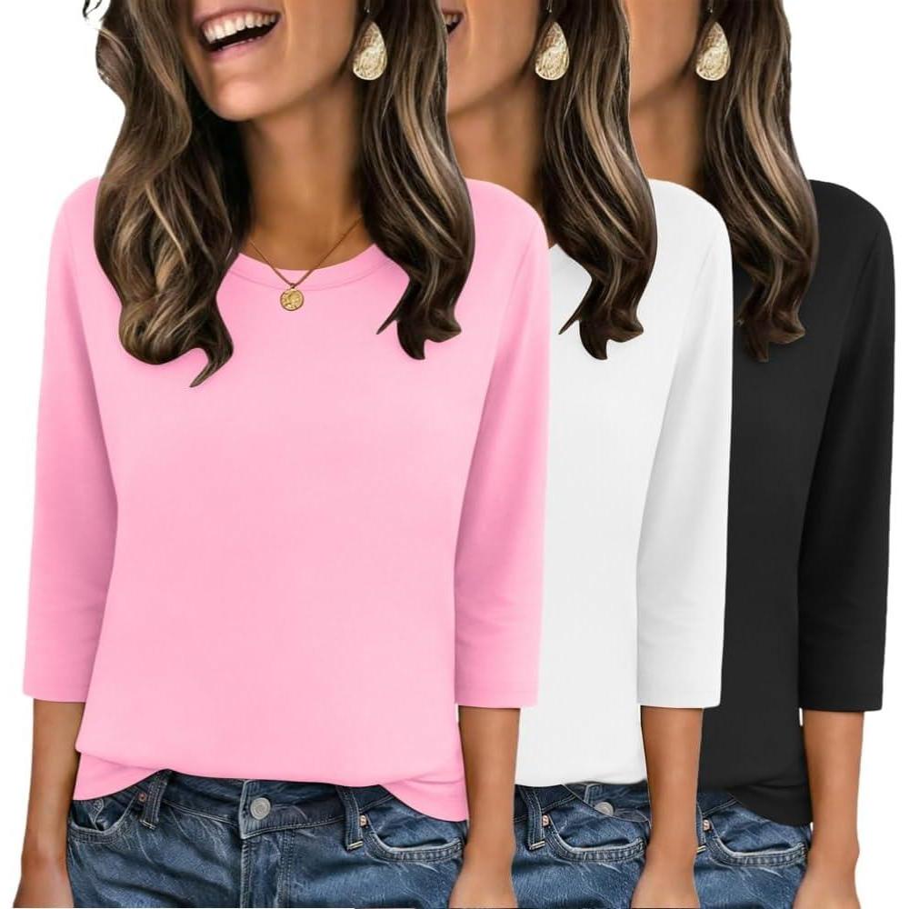 imageZeagoo Tops for Women 3 Pack 34 Sleeve Crewneck Cute Basics Tees Casual Fashion Spring Summer T Shirts Business Work Tee TopBlackwhitepink