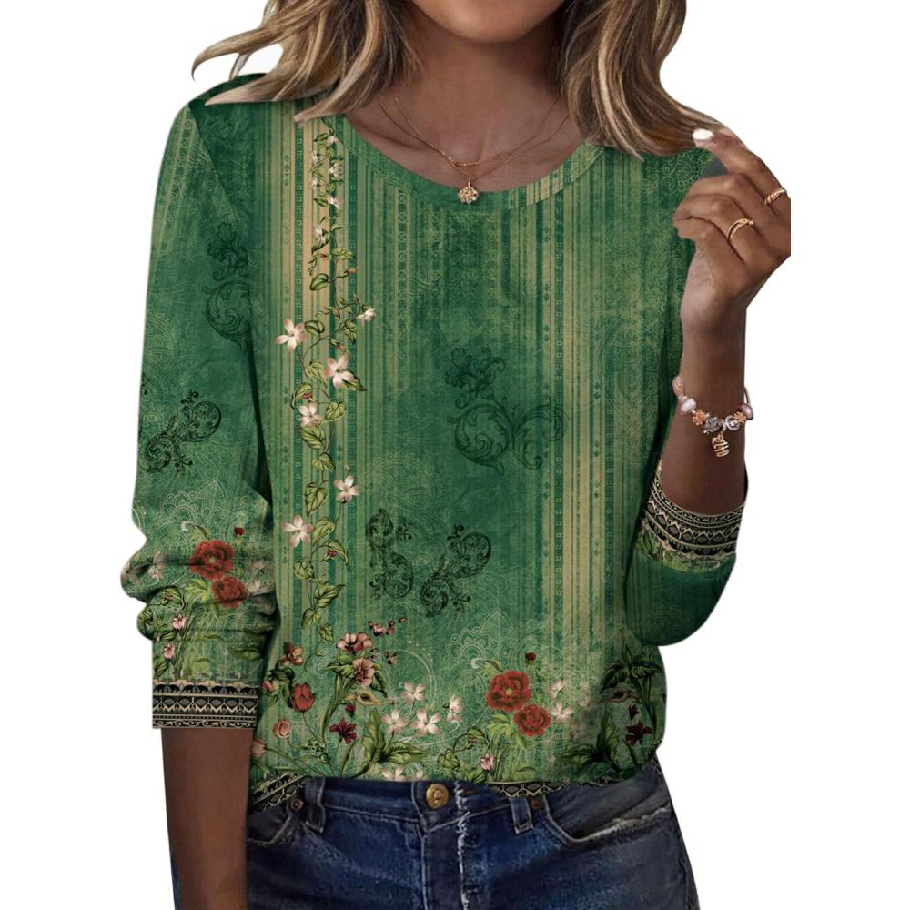 imageZeagoo Tops for Women Dressy Crewneck Long Sleeve Shirts Lightweight Basic Tee Business Casual OutfitsBoho Green 839