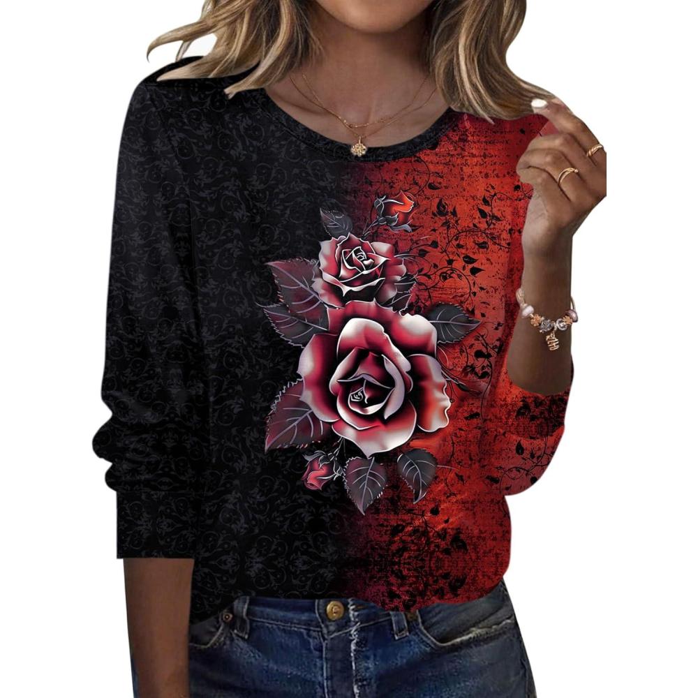imageZeagoo Tops for Women Dressy Crewneck Long Sleeve Shirts Lightweight Basic Tee Business Casual OutfitsFloral Red 309