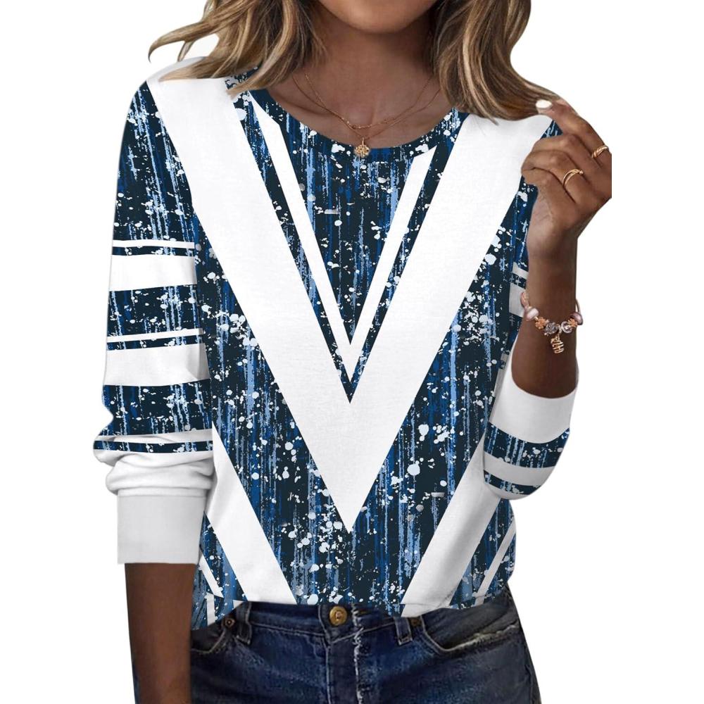 imageZeagoo Tops for Women Dressy Crewneck Long Sleeve Shirts Lightweight Basic Tee Business Casual OutfitsPattern Blue 563