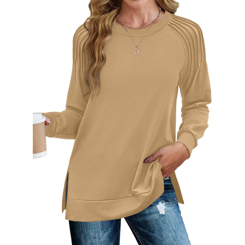 imageZeagoo Tunic Sweatshirts for Women Crewneck Lightweight Sweaters Raglan Long Sleeve Shirts Spring Fashion Tops 2026Khaki