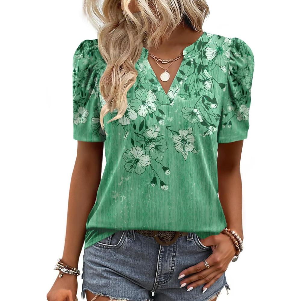 imageZeagoo Women Blouses Puff Short Sleeve Tops V Neck Dressy Casual Spring Shirts Boho Floral Cute Clothes 2026Bf180green Flowers