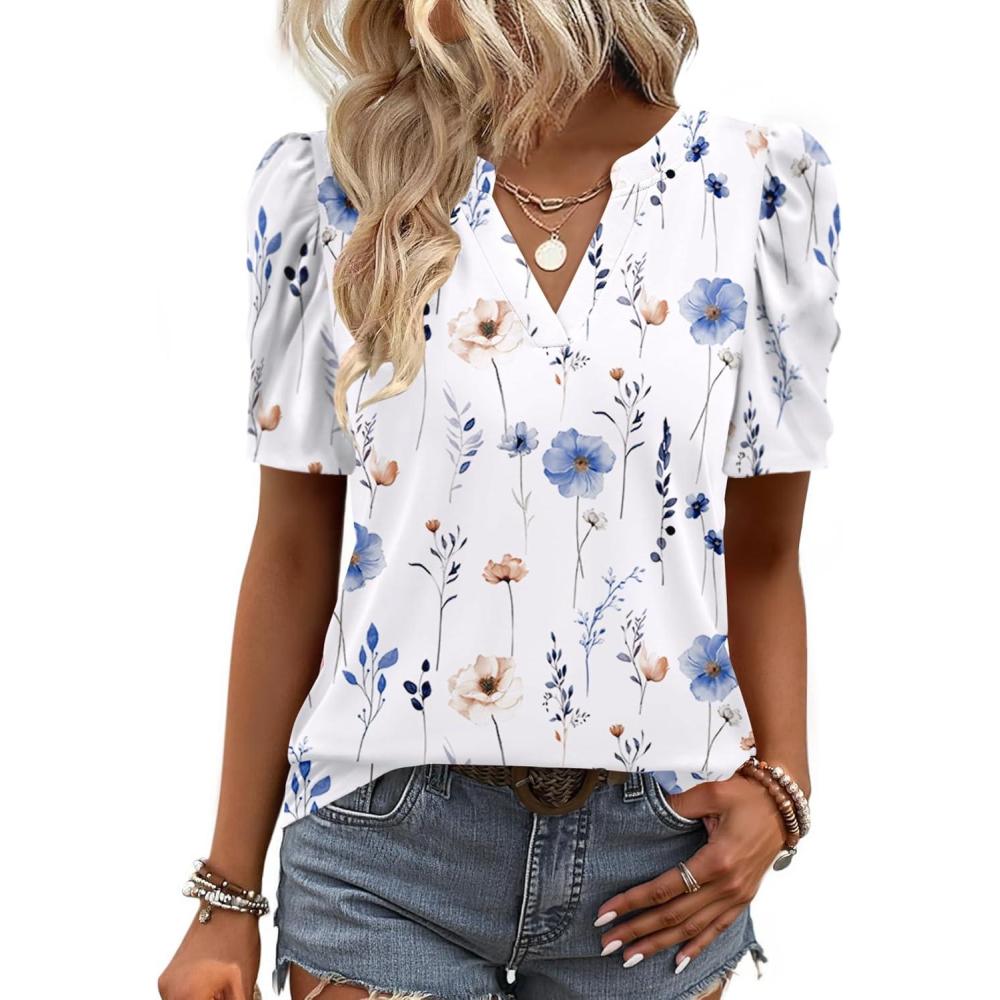 imageZeagoo Women Blouses Puff Short Sleeve Tops V Neck Dressy Casual Spring Shirts Boho Floral Cute Clothes 2026Bf290white Flowers