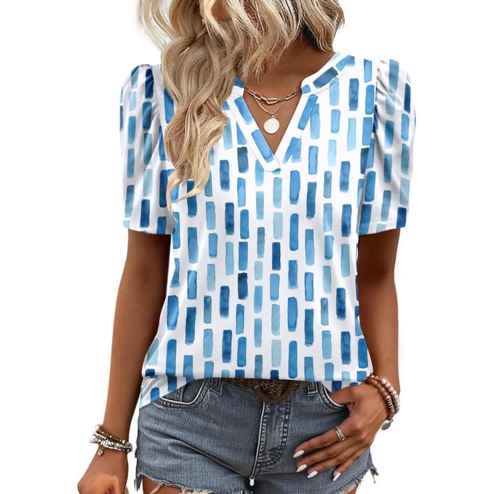 imageZeagoo Women Blouses Puff Short Sleeve Tops V Neck Dressy Casual Spring Shirts Boho Floral Cute Clothes 2026Cx329blue