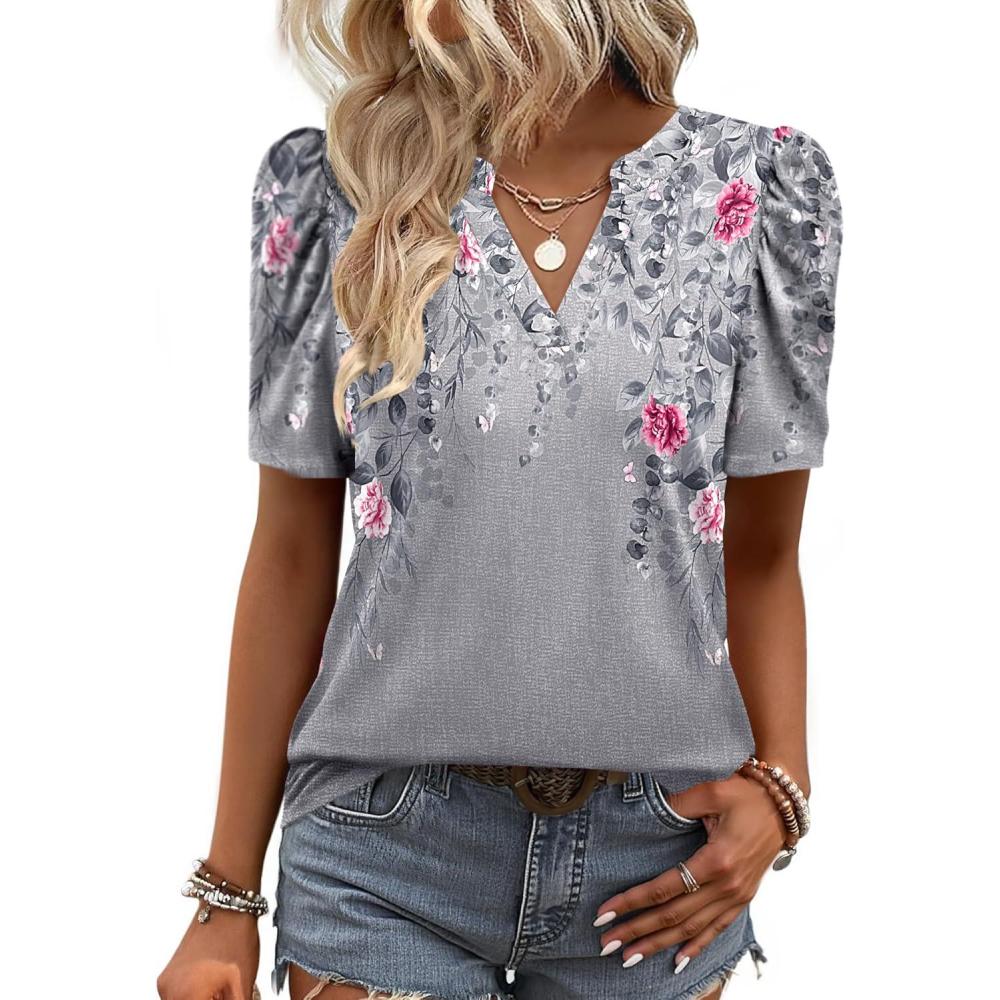 imageZeagoo Women Blouses Puff Short Sleeve Tops V Neck Dressy Casual Spring Shirts Boho Floral Cute Clothes 2026Hf36grey