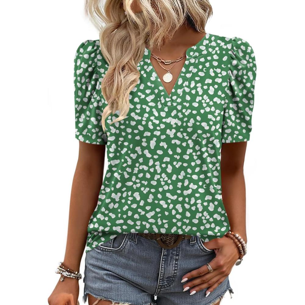 imageZeagoo Women Blouses Puff Short Sleeve Tops V Neck Dressy Casual Spring Shirts Boho Floral Cute Clothes 2026Jh560green