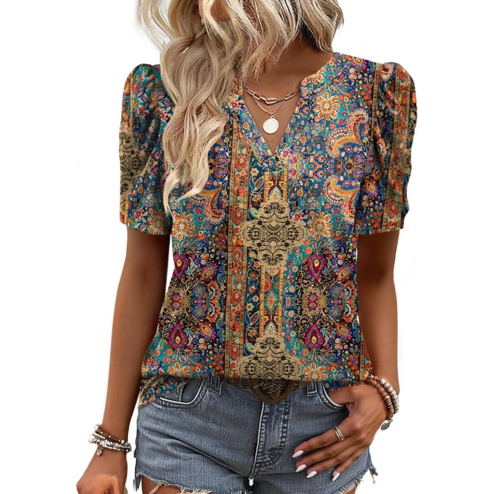 imageZeagoo Women Blouses Puff Short Sleeve Tops V Neck Dressy Casual Spring Shirts Boho Floral Cute Clothes 2026Mz721multicolored
