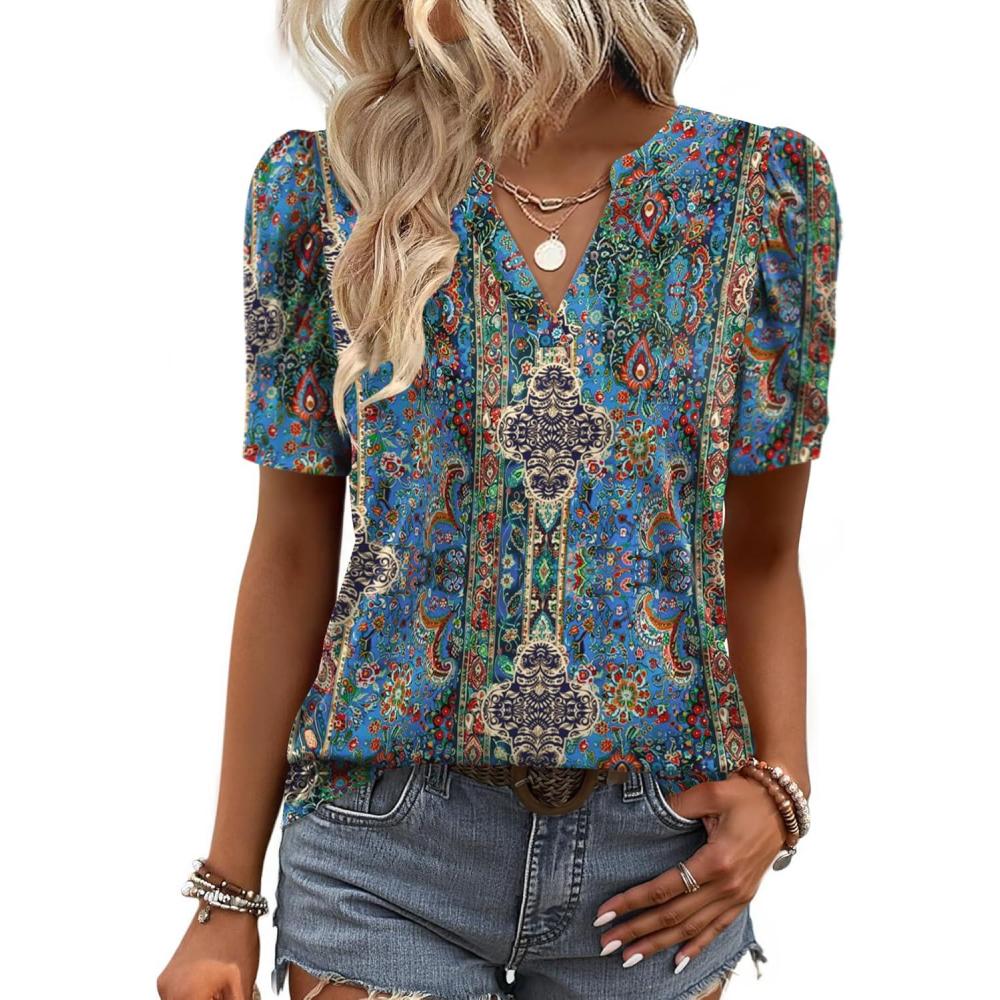 imageZeagoo Women Blouses Puff Short Sleeve Tops V Neck Dressy Casual Spring Shirts Boho Floral Cute Clothes 2026Mz779multicolored