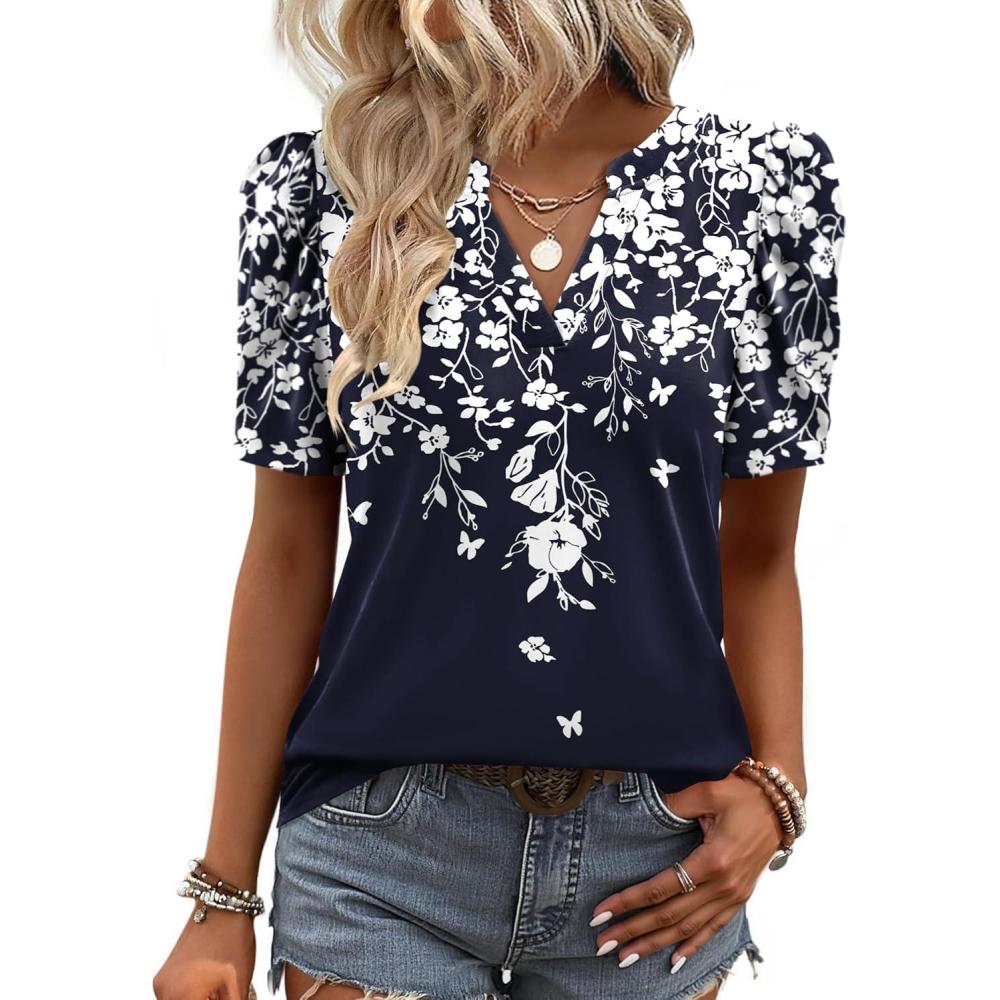 imageZeagoo Women Blouses Puff Short Sleeve Tops V Neck Dressy Casual Spring Shirts Boho Floral Cute Clothes 2026Sf103navy