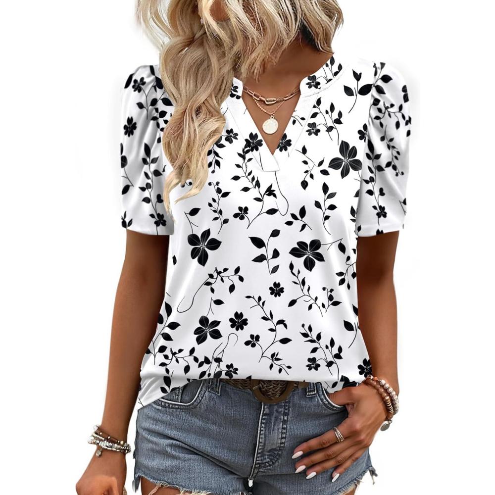 imageZeagoo Women Blouses Puff Short Sleeve Tops V Neck Dressy Casual Spring Shirts Boho Floral Cute Clothes 2026Sf291white