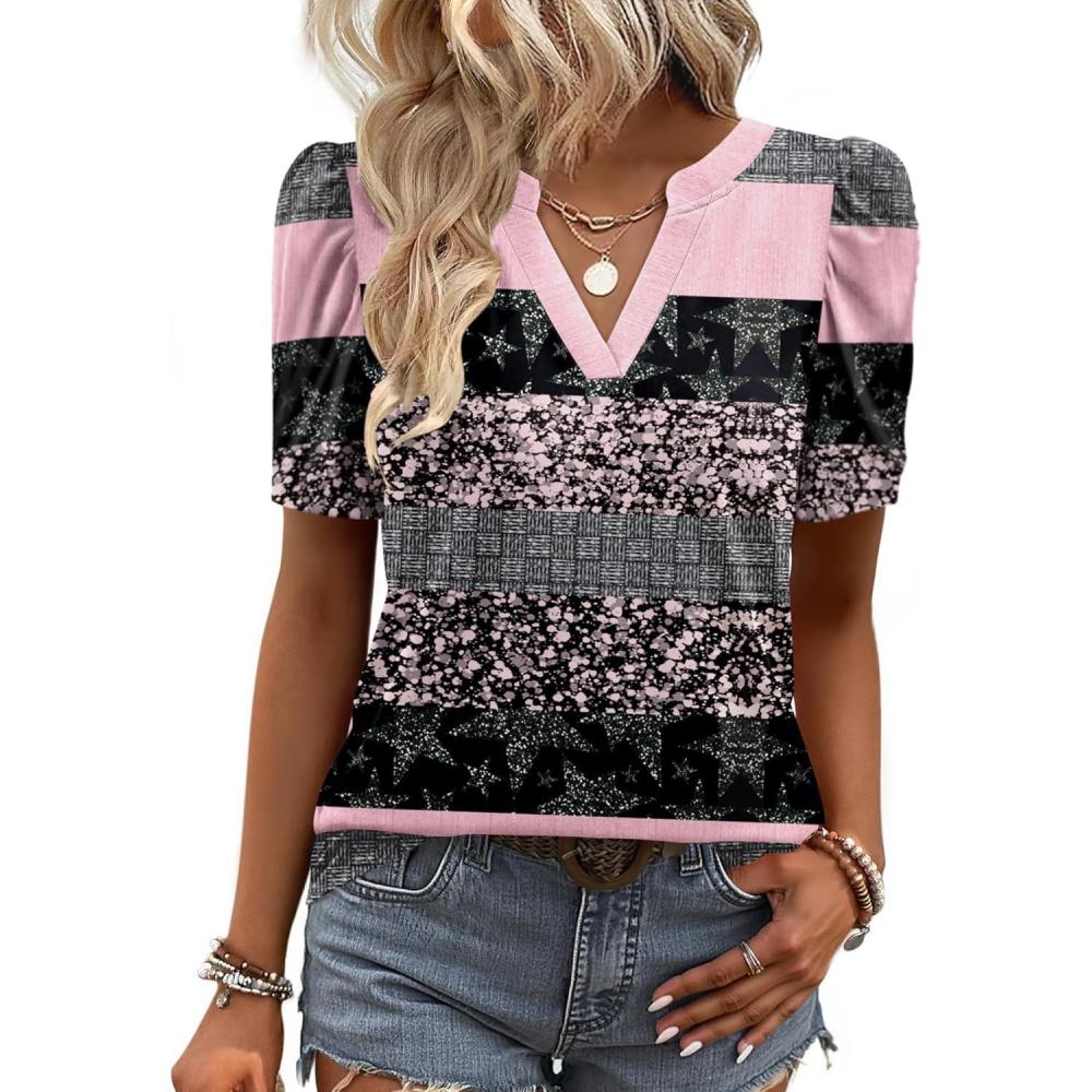 imageZeagoo Women Blouses Puff Short Sleeve Tops V Neck Dressy Casual Spring Shirts Boho Floral Cute Clothes 2026Tz245stripe