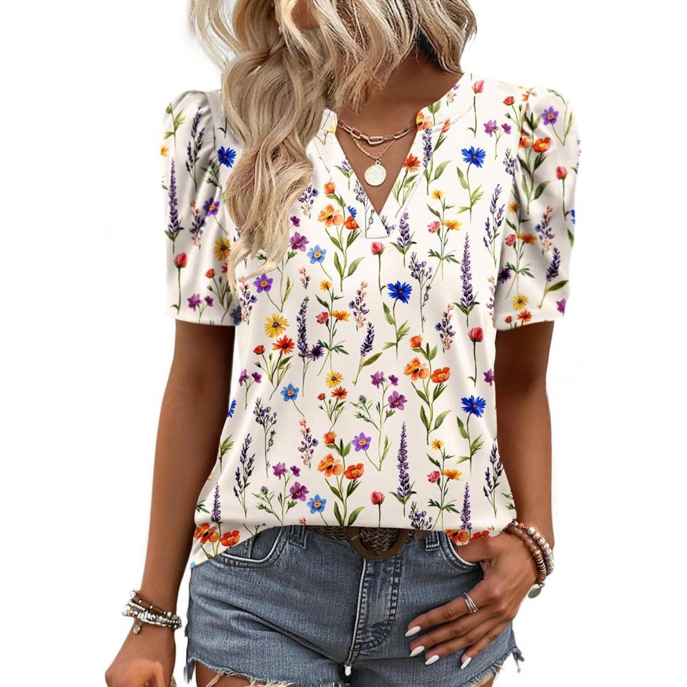 imageZeagoo Women Blouses Puff Short Sleeve Tops V Neck Dressy Casual Spring Shirts Boho Floral Cute Clothes 2026Wf109apricot