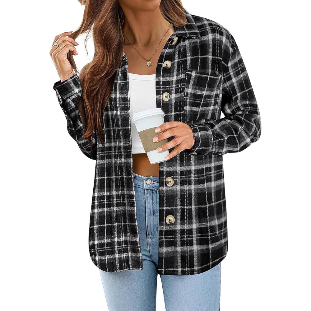 imageZeagoo Women Flannel Shacket Jacket Plaid Button Down Long Sleeve Shirt Fall Outfits 2026Black