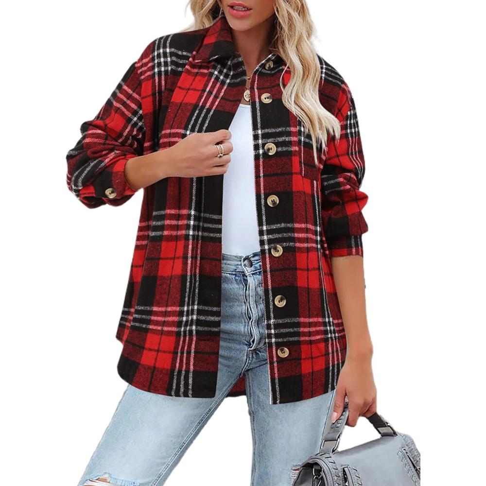 imageZeagoo Women Flannel Shacket Jacket Plaid Button Down Long Sleeve Shirt Fall Outfits 2026Black Red
