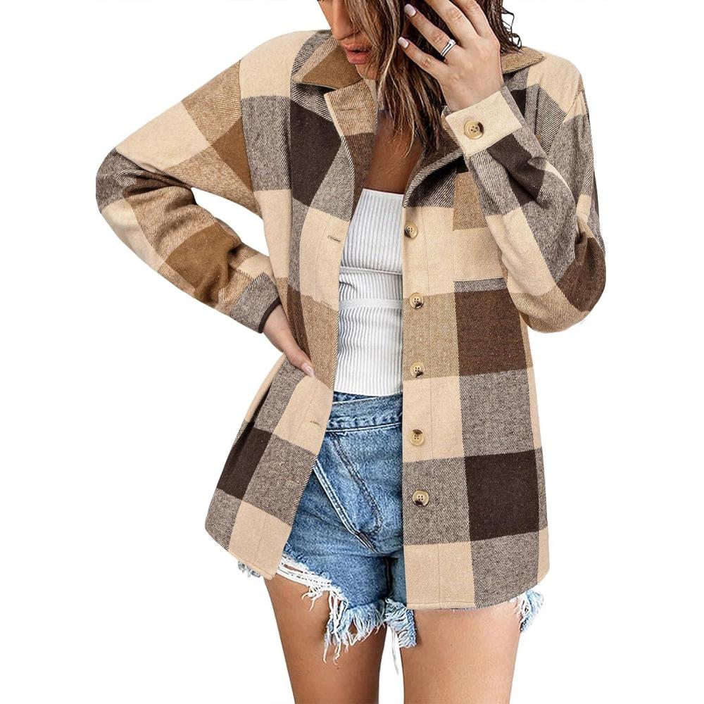imageZeagoo Women Flannel Shacket Jacket Plaid Button Down Long Sleeve Shirt Fall Outfits 2026Brown 2