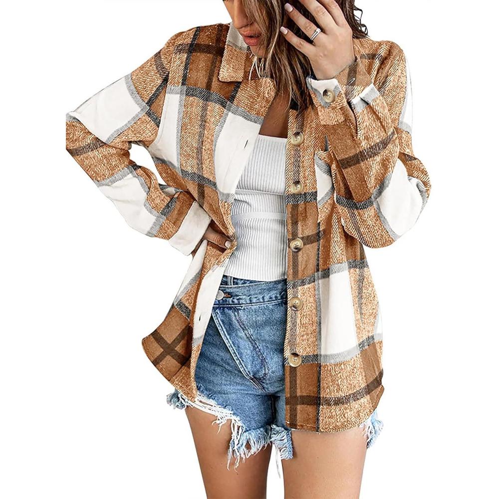 imageZeagoo Women Flannel Shacket Jacket Plaid Button Down Long Sleeve Shirt Fall Outfits 2026Brown
