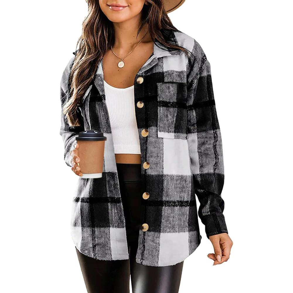 imageZeagoo Women Flannel Shacket Jacket Plaid Button Down Long Sleeve Shirt Fall Outfits 2026Grey Black