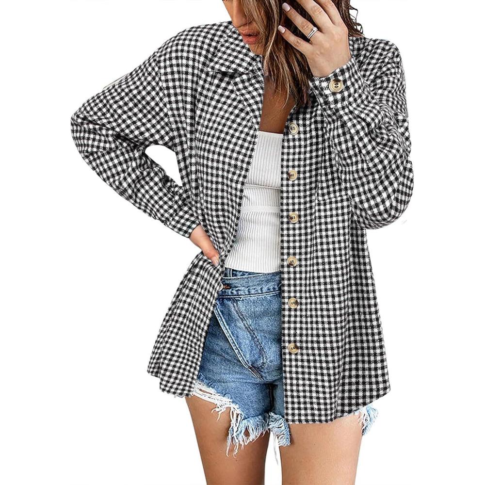 imageZeagoo Women Flannel Shacket Jacket Plaid Button Down Long Sleeve Shirt Fall Outfits 2026Houndstooth 1