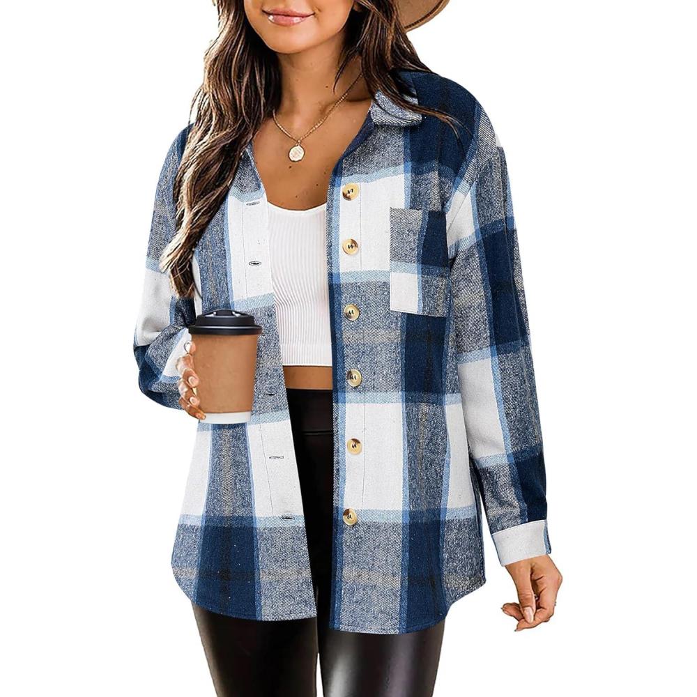 imageZeagoo Women Flannel Shacket Jacket Plaid Button Down Long Sleeve Shirt Fall Outfits 2026Navy Plaidgz547