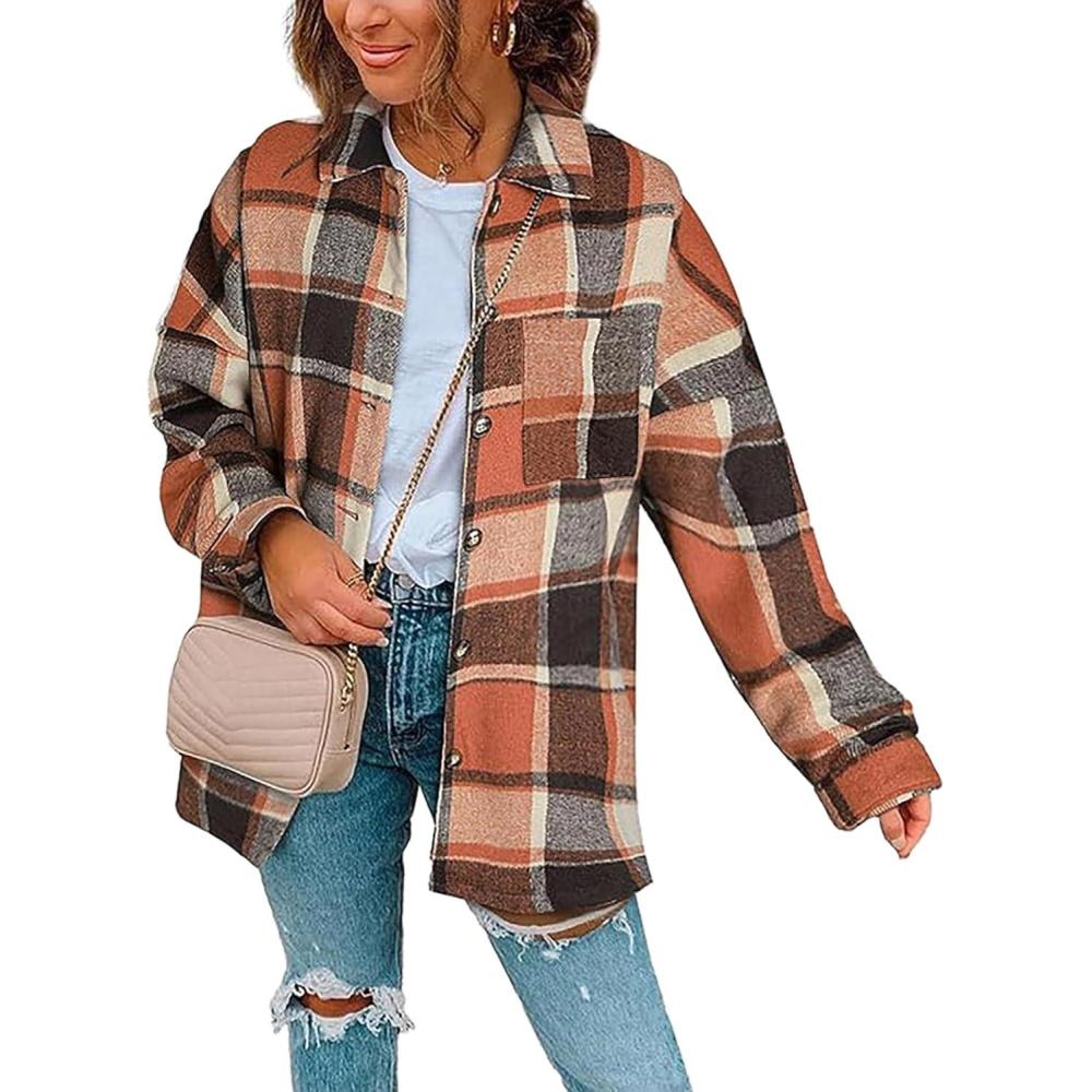 imageZeagoo Women Flannel Shacket Jacket Plaid Button Down Long Sleeve Shirt Fall Outfits 2026Orange