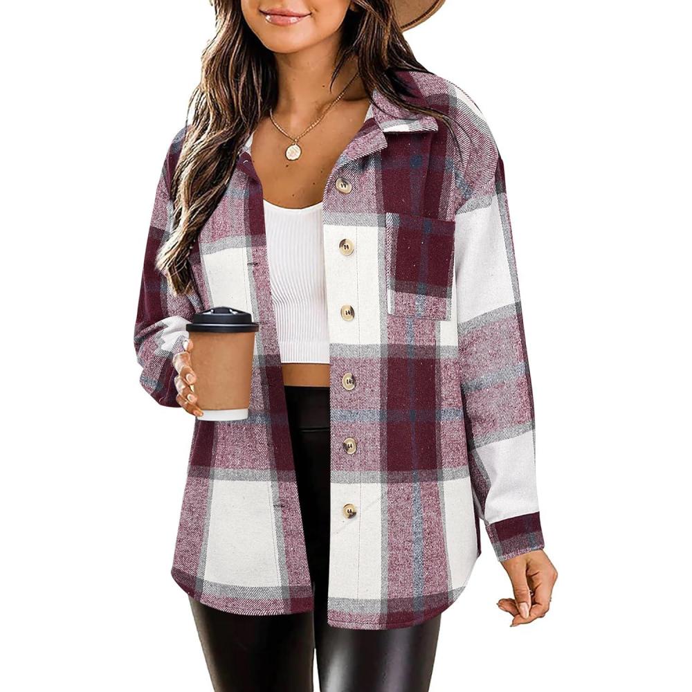 imageZeagoo Women Flannel Shacket Jacket Plaid Button Down Long Sleeve Shirt Fall Outfits 2026Red Plaidgz543