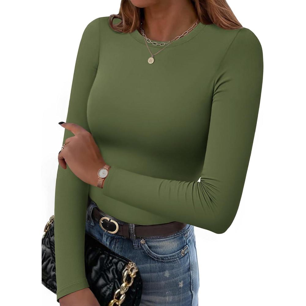 imageZeagoo Women Long Sleeve T Shirts Crewneck Slim Fit Tops Going Out Fall Fashion Basic TeeLong Sleevearmy Green