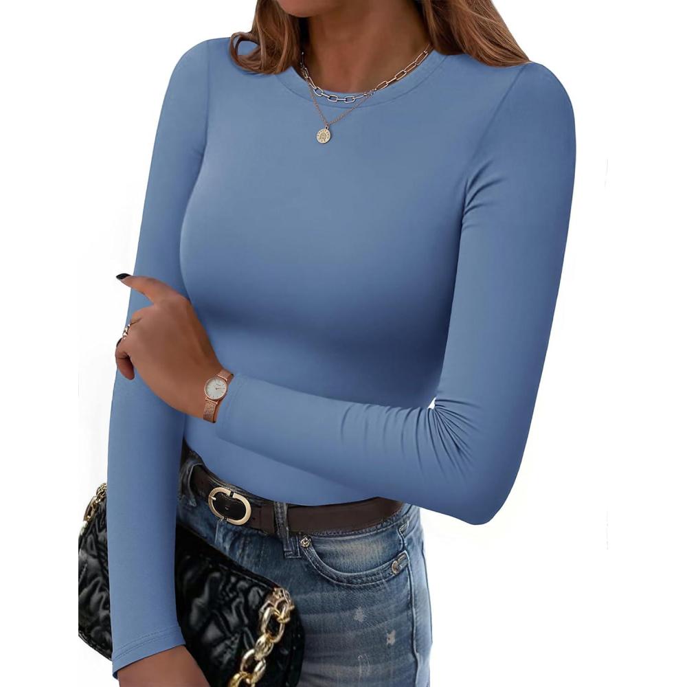 imageZeagoo Women Long Sleeve T Shirts Crewneck Slim Fit Tops Going Out Fall Fashion Basic TeeLong Sleevenavy Blue