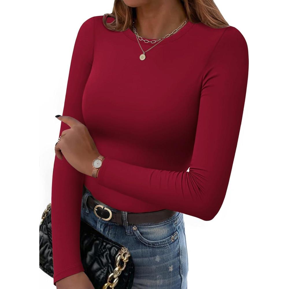 imageZeagoo Women Long Sleeve T Shirts Crewneck Slim Fit Tops Going Out Fall Fashion Basic TeeLong Sleevewine Red