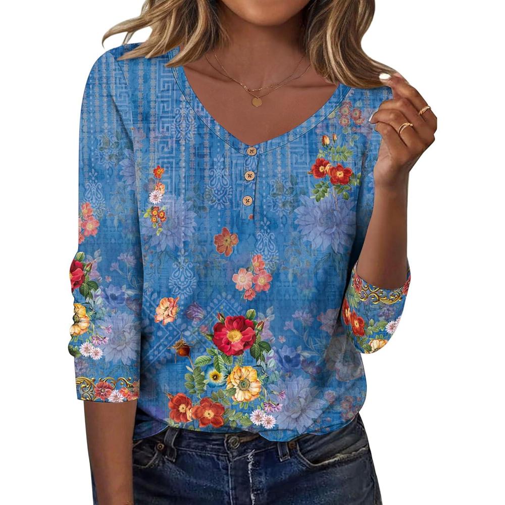 imageZeagoo Women Tops Loose Fit Long Sleeve V Neck T Shirts Business Casual Blouses Dressy Fall Fashion Work ClothesBlue Printmz876