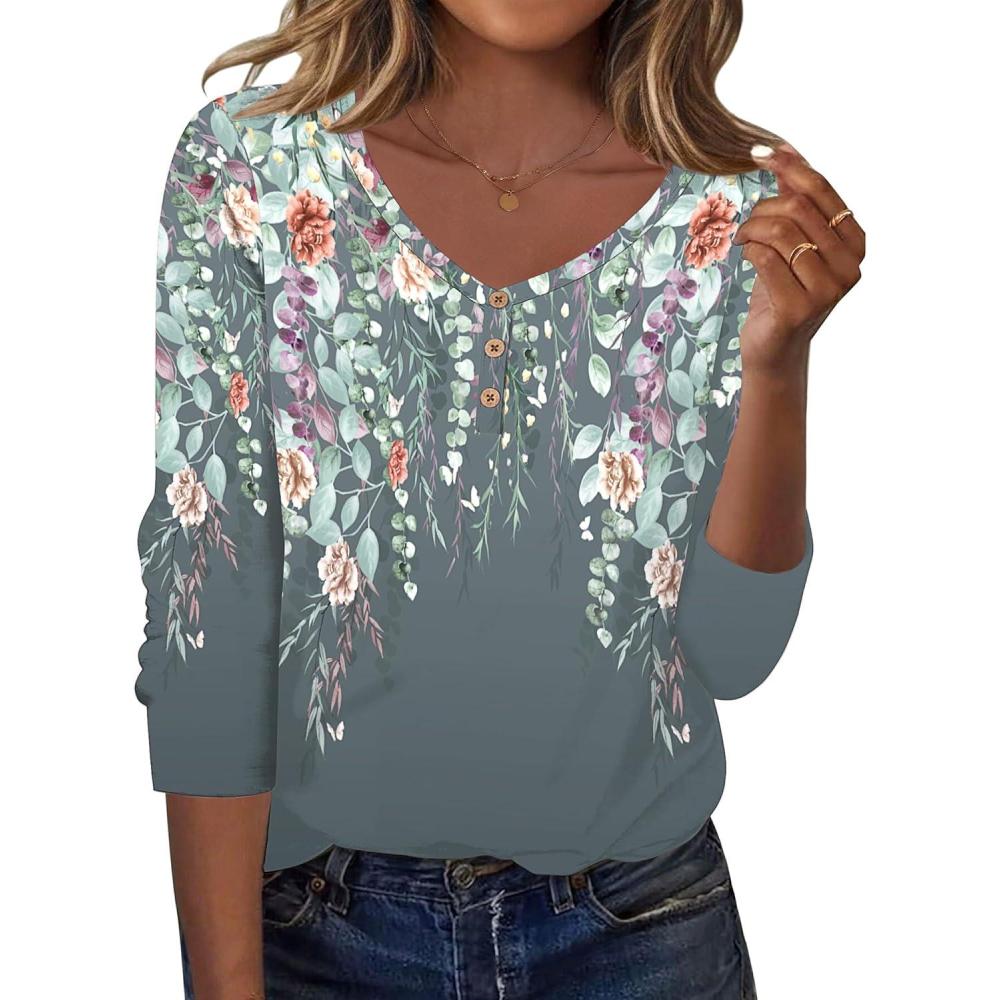 imageZeagoo Women Tops Loose Fit Long Sleeve V Neck T Shirts Business Casual Blouses Dressy Fall Fashion Work ClothesGray Printwf71