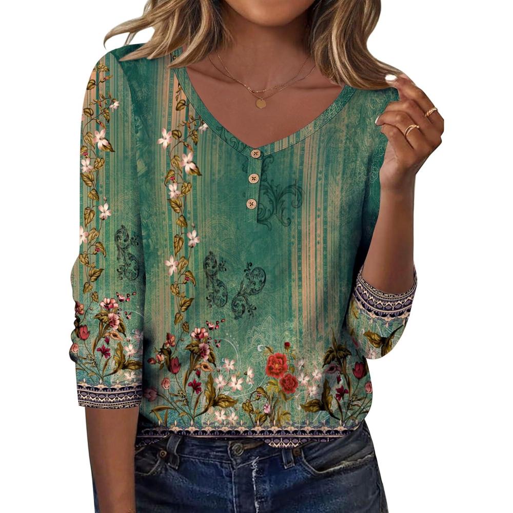 imageZeagoo Women Tops Loose Fit Long Sleeve V Neck T Shirts Business Casual Blouses Dressy Fall Fashion Work ClothesGreen Flowermz839