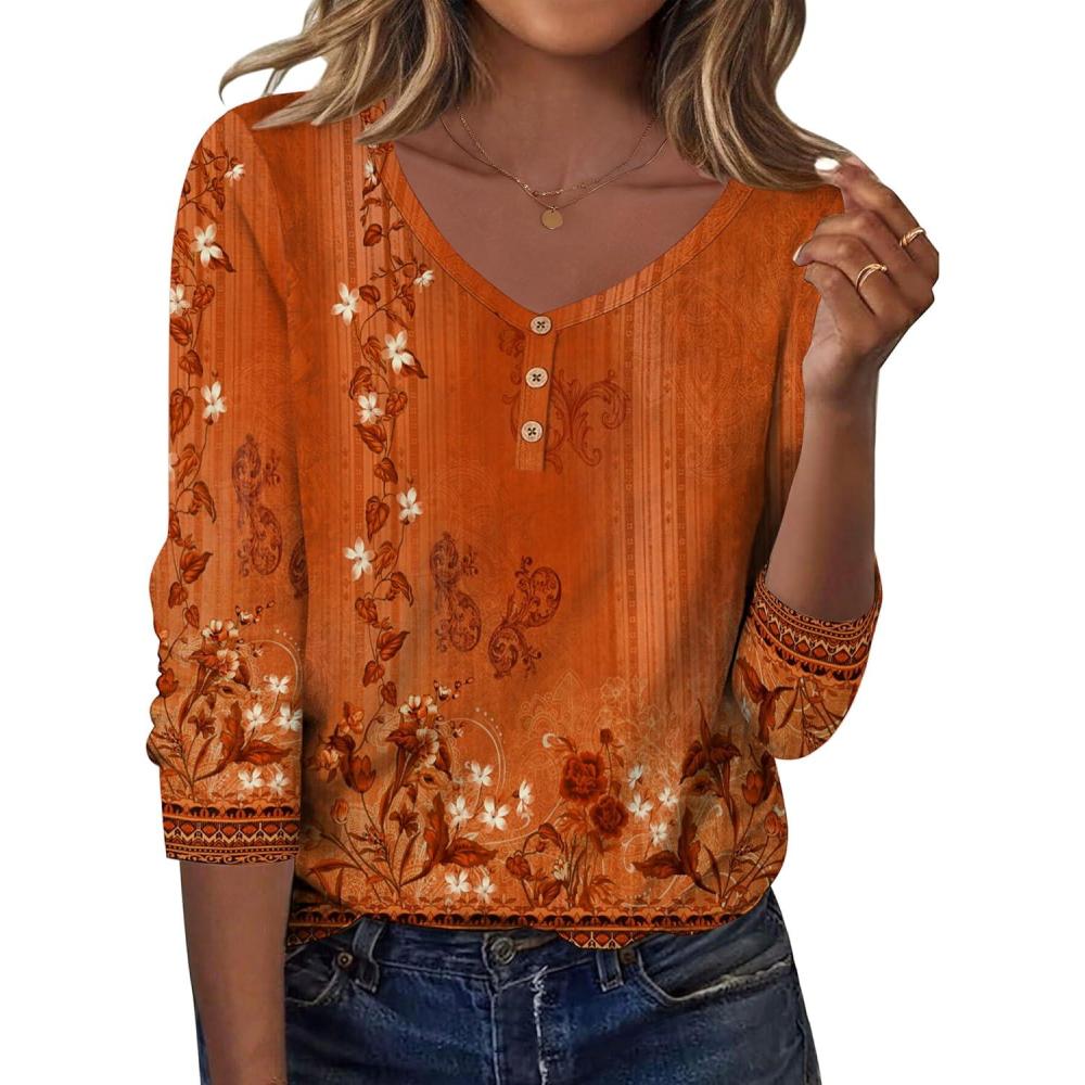 imageZeagoo Women Tops Loose Fit Long Sleeve V Neck T Shirts Business Casual Blouses Dressy Fall Fashion Work ClothesOrange Flowermz867