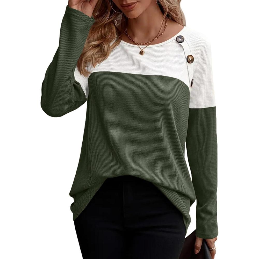 imageZeagoo Women Waffle Knit Shirts Long Sleeve Colorblock Tee Button Detail TunicsArmy