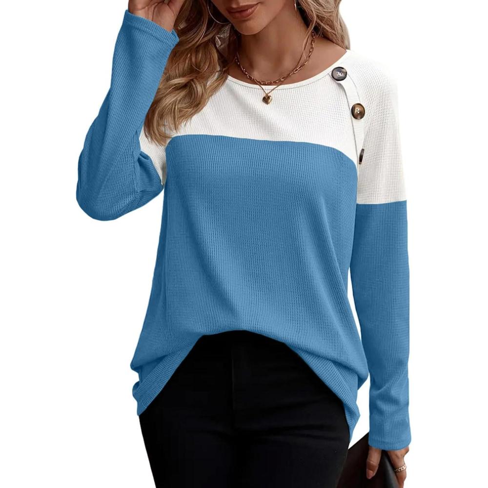imageZeagoo Women Waffle Knit Shirts Long Sleeve Colorblock Tee Button Detail TunicsBlue
