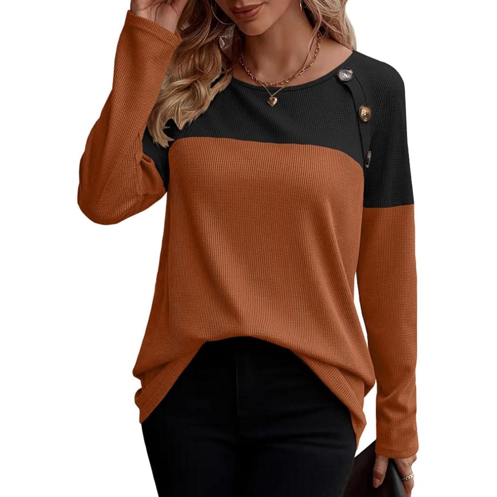 imageZeagoo Women Waffle Knit Shirts Long Sleeve Colorblock Tee Button Detail TunicsCaramel