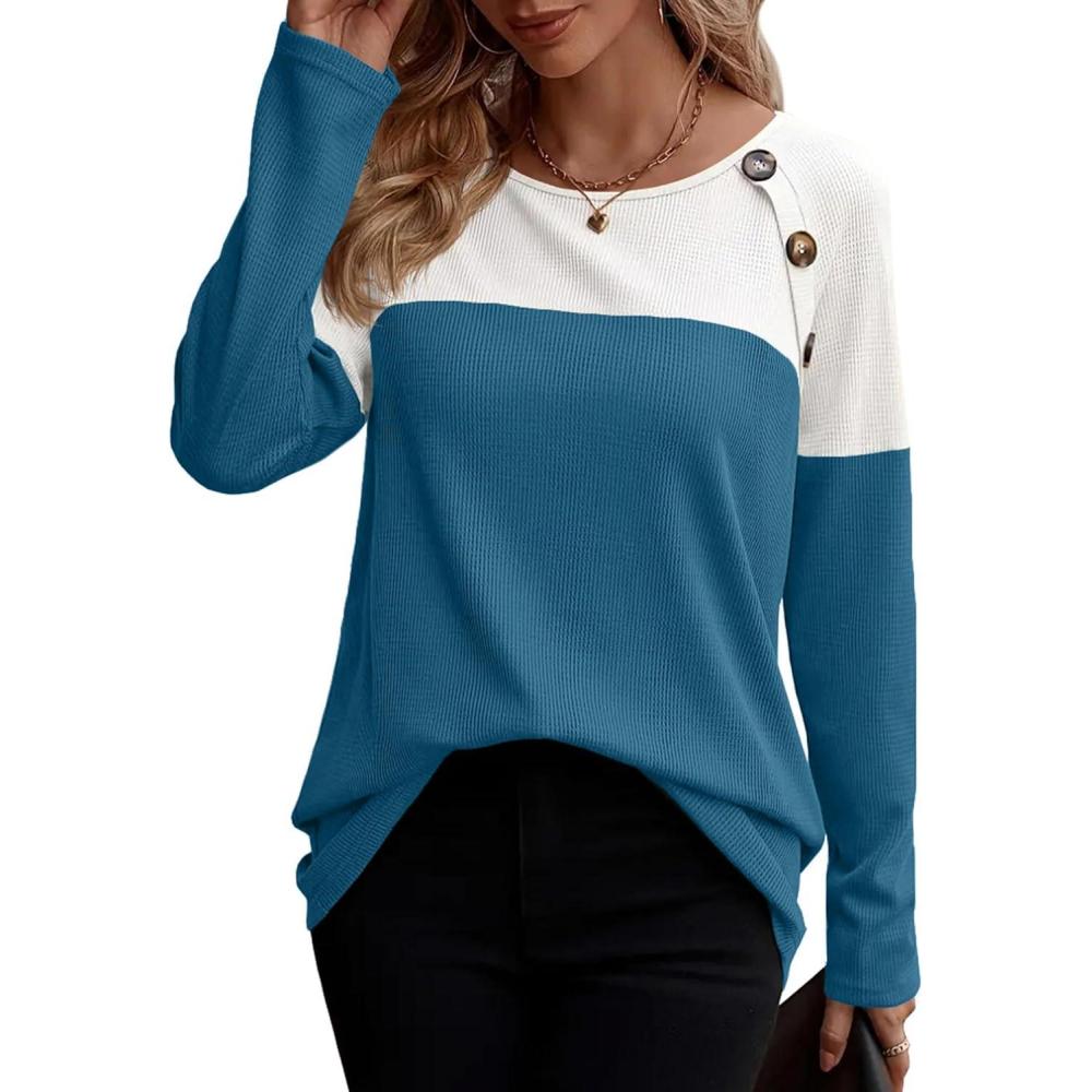 imageZeagoo Women Waffle Knit Shirts Long Sleeve Colorblock Tee Button Detail TunicsDeep Blue