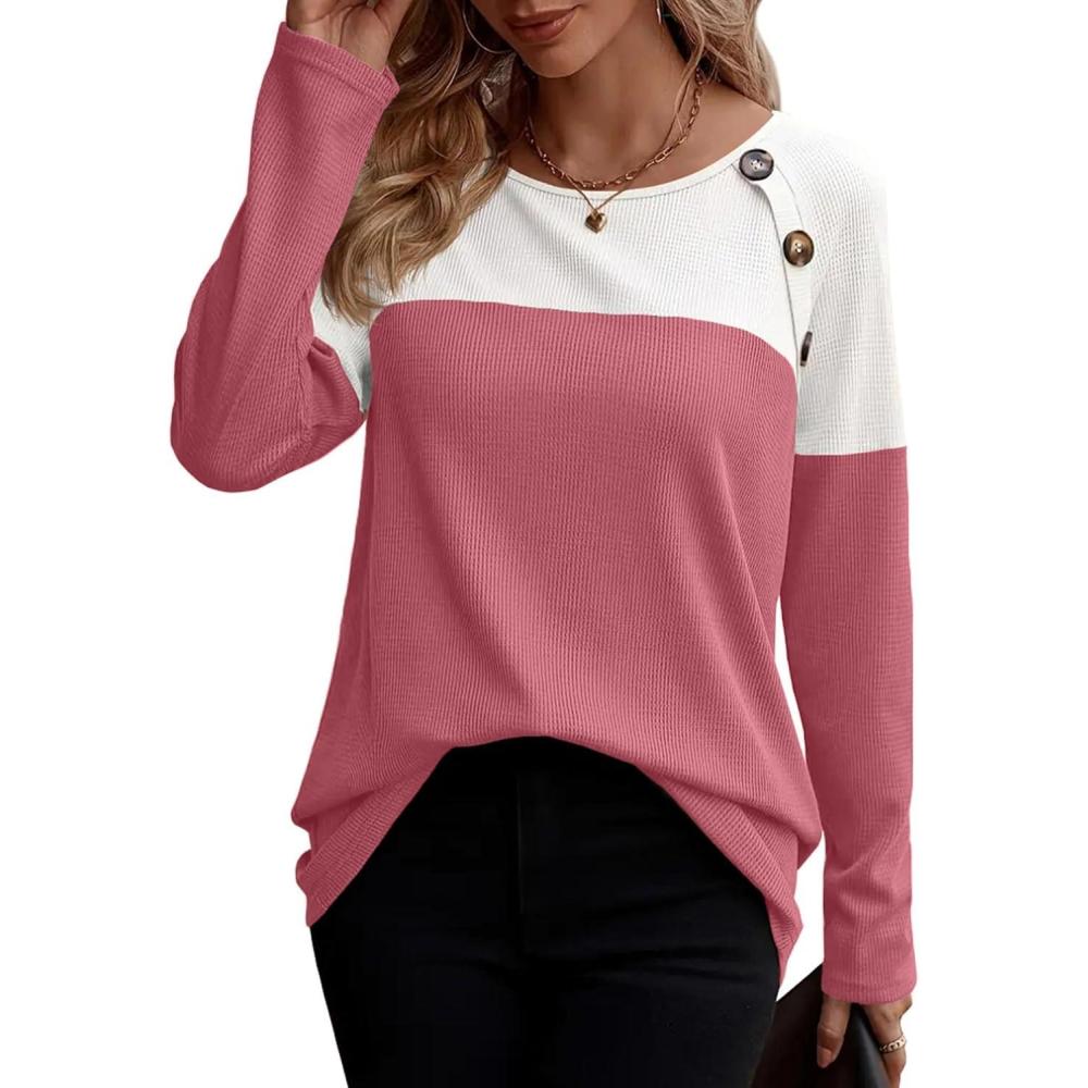 imageZeagoo Women Waffle Knit Shirts Long Sleeve Colorblock Tee Button Detail TunicsDusty Pink