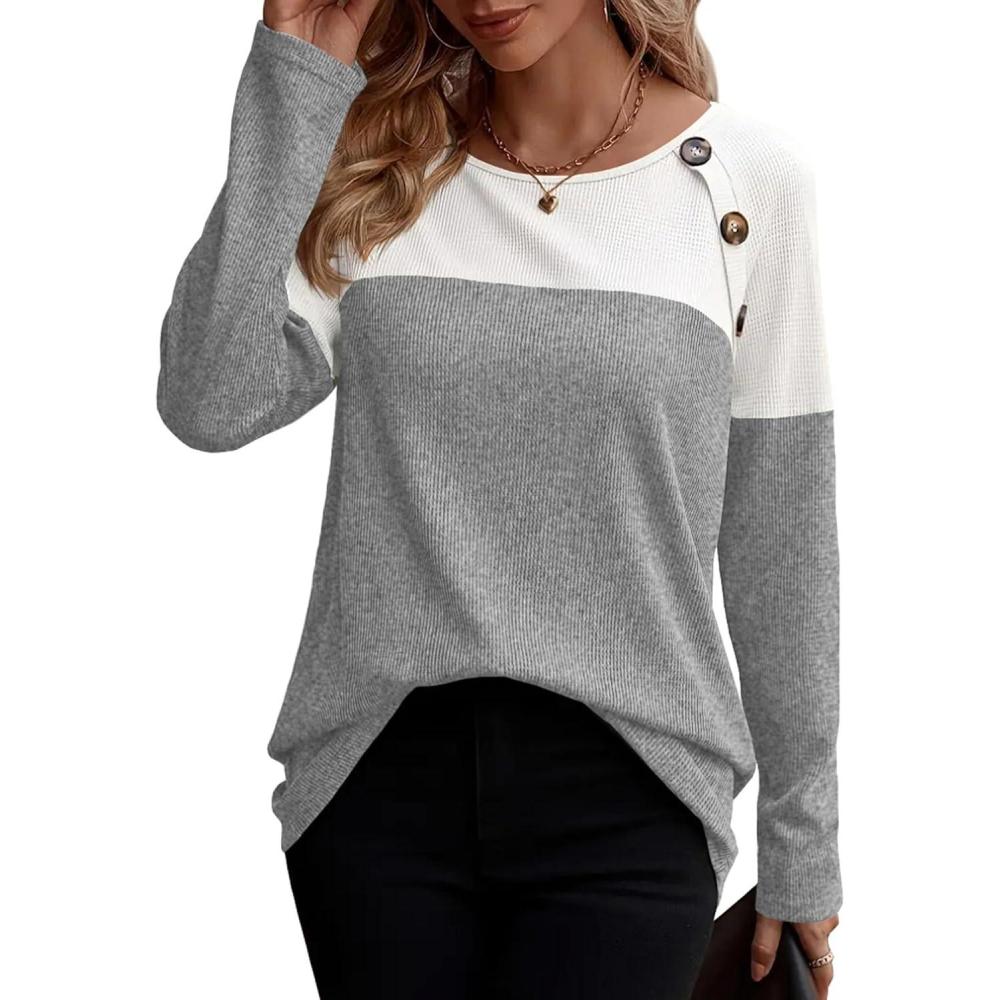 imageZeagoo Women Waffle Knit Shirts Long Sleeve Colorblock Tee Button Detail TunicsLight Grey