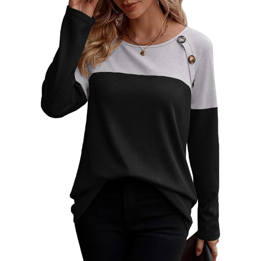 imageZeagoo Women Waffle Knit Shirts Long Sleeve Colorblock Tee Button Detail TunicsLight Grey Black