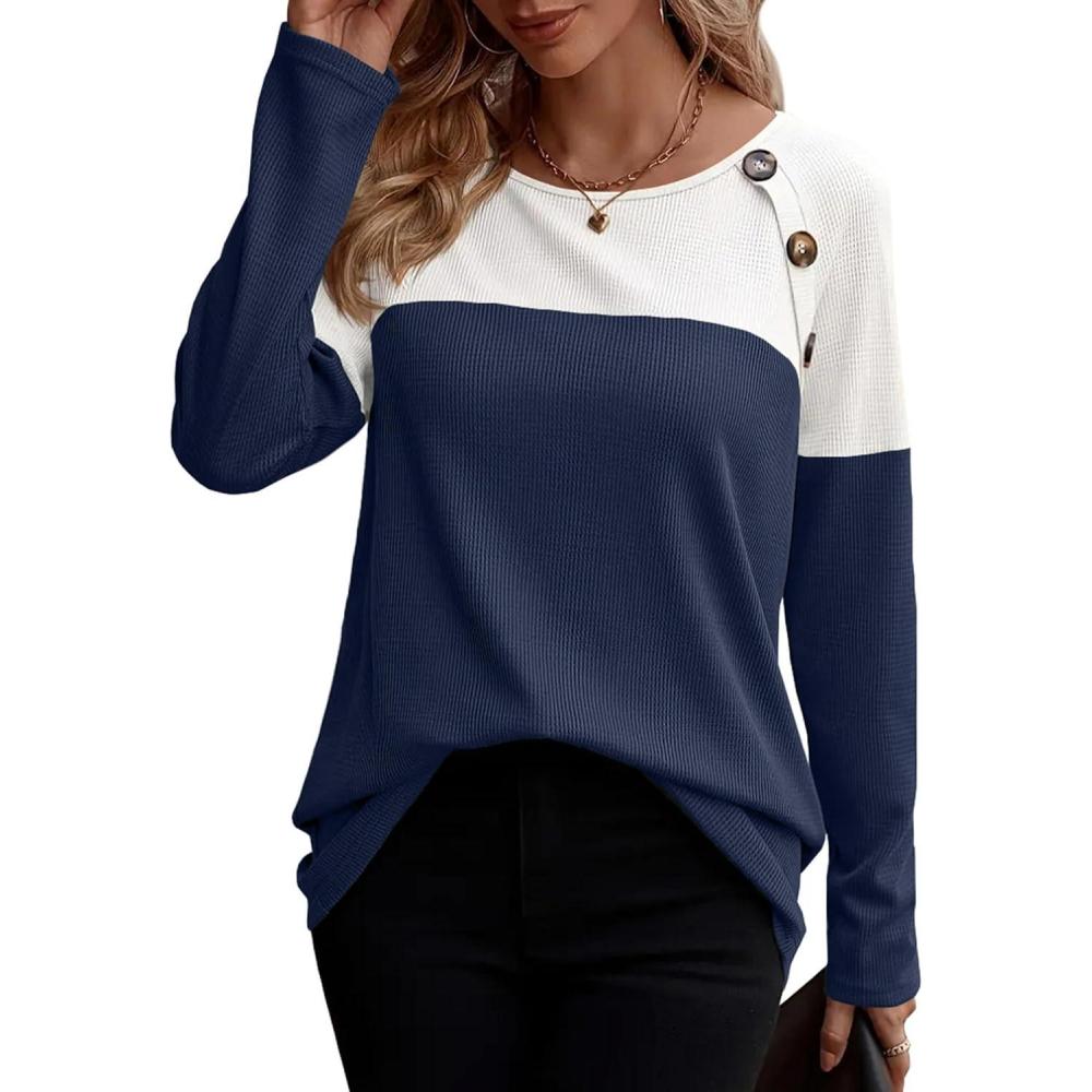 imageZeagoo Women Waffle Knit Shirts Long Sleeve Colorblock Tee Button Detail TunicsNavy