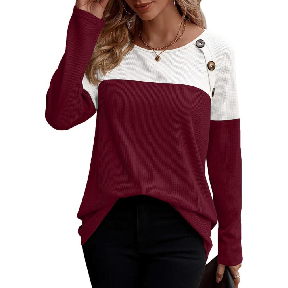 imageZeagoo Women Waffle Knit Shirts Long Sleeve Colorblock Tee Button Detail TunicsWhiteburgundy